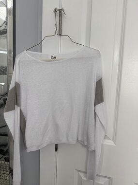 PLA White Long-Sleeve Crewneck Top with Gray Sleeve Panels